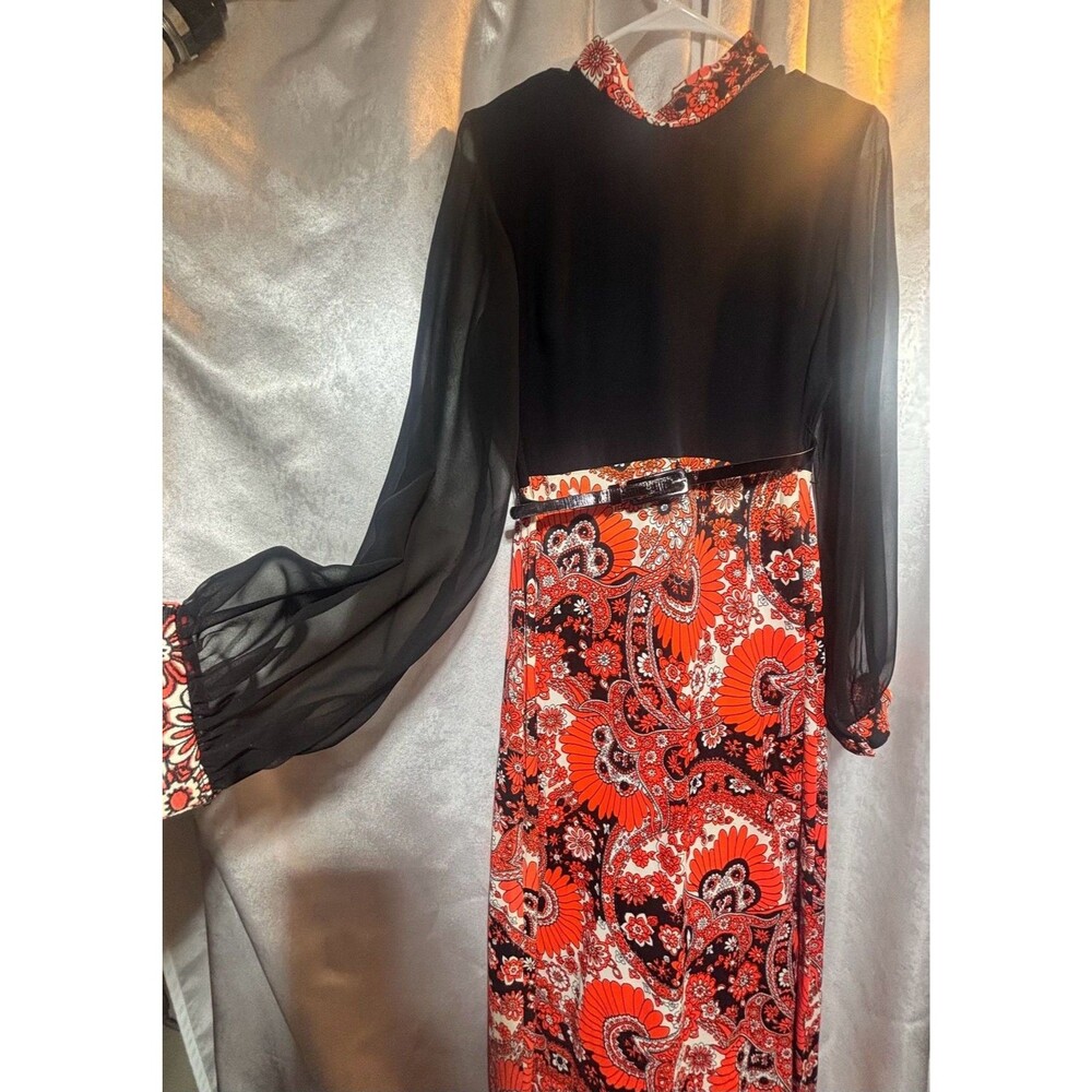 True Vintage Mod MCM Psych Floral Long Maxi Black Orange Dress Bust 42"
